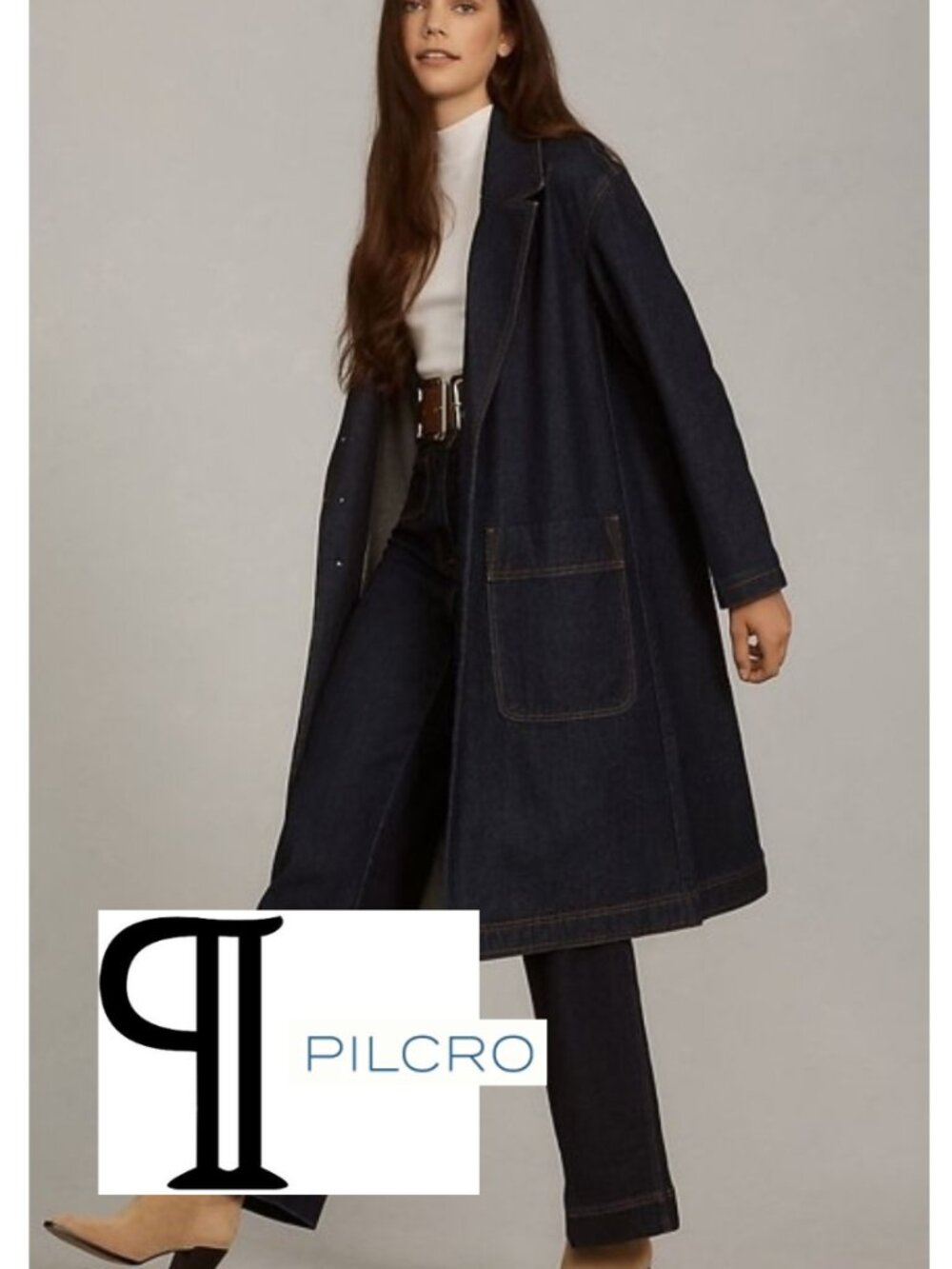 PILCRO Anthropologie Women's M Long Denim Jean Trench Utility Coat Dark Blue